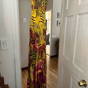 Hot yellow jungle print prom dress